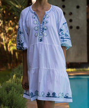Load image into Gallery viewer, Cypress Dress White with Denim Colored Applique