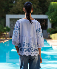 Load image into Gallery viewer, Gladiola Top in Banker Blue with Denim Colored Applique