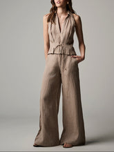 Load image into Gallery viewer, Hevron Flared Leg Chocolate Striped Linen Pants