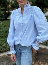 Load image into Gallery viewer, Andion Amelia Blouse in Sky Blue Gingham Check with Burgundy Hand Embroidery