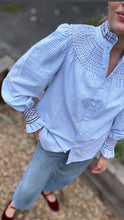 Load image into Gallery viewer, Andion Amelia Blouse in Sky Blue Gingham Check with Burgundy Hand Embroidery