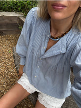 Load image into Gallery viewer, Masscob Lek Top in Blue and White Micro Stripe