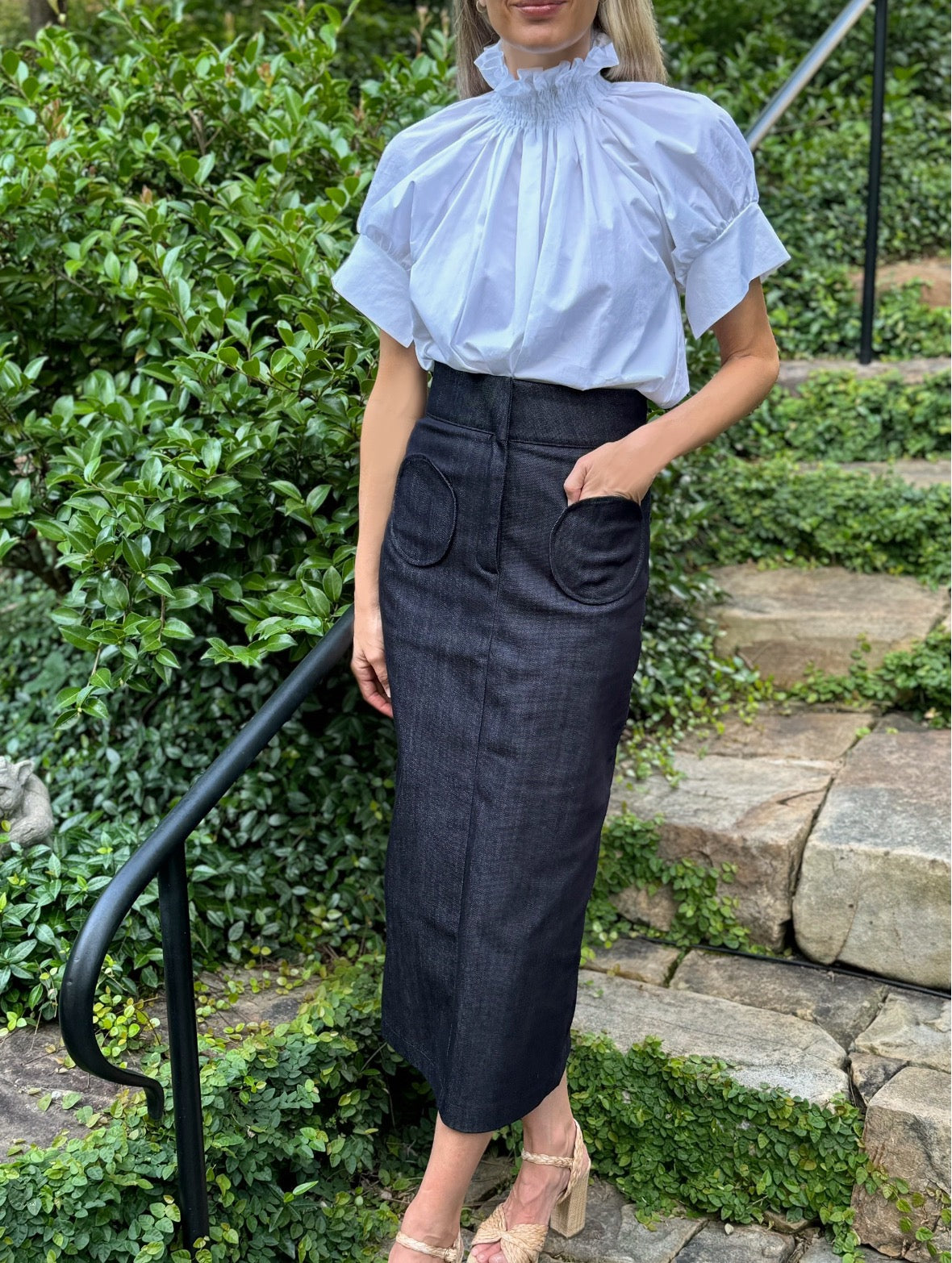 Destree Takashi Navy Blue Denim Pencil Skirt with Circular Pockets