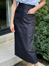 Load image into Gallery viewer, Destree Takashi Navy Blue Denim Pencil Skirt with Circular Pockets