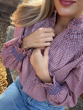 Load image into Gallery viewer, Andion Amelia Blouse in Burgundy Gingham with Hand Embroidery