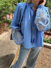 Load image into Gallery viewer, Thierry Colson Cerulean Blue Linen Guipure Blouse