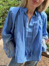 Load image into Gallery viewer, Thierry Colson Cerulean Blue Linen Guipure Blouse