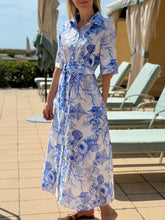 Load image into Gallery viewer, Evi Grintela Valerie Shirt Dress in Blue and White Sea Shell Print