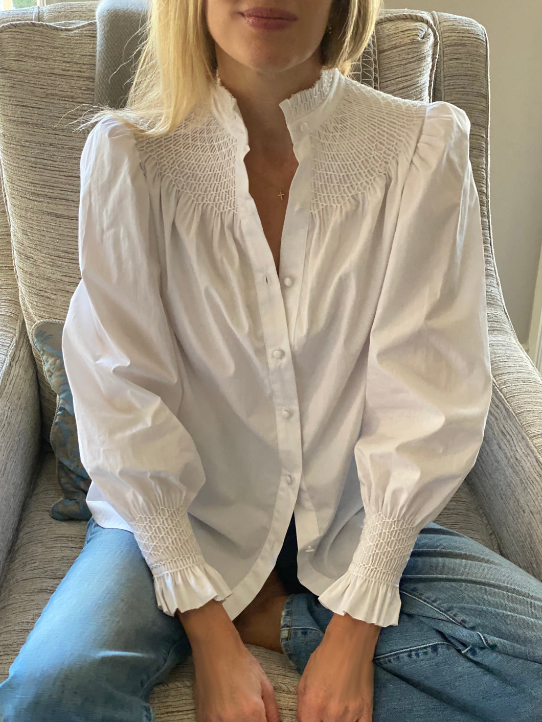 Andion Camelia Long Sleeve Blouse in White Poplin with White Embroidery