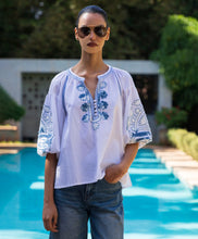 Load image into Gallery viewer, Cherry Top in White with Denim Colored Applique

