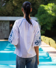 Load image into Gallery viewer, Cherry Top in White with Denim Colored Applique
