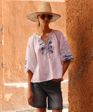 Load image into Gallery viewer, Cherry Top in White with Denim Colored Applique
