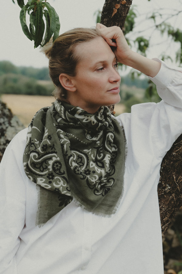Maison Lecomte Flament Wool and Cashmere Bandana Scarf in Khaki/Green
