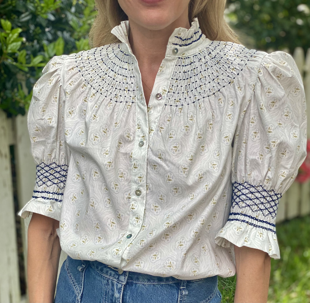 Andion Short Sleeve Amelia Fiori Print Hand Embroidered Blouse