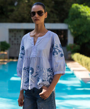 Load image into Gallery viewer, Gladiola Top in Banker Blue with Denim Colored Applique
