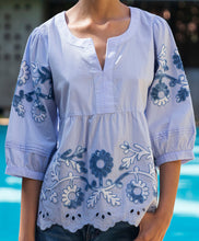 Load image into Gallery viewer, Gladiola Top in Banker Blue with Denim Colored Applique
