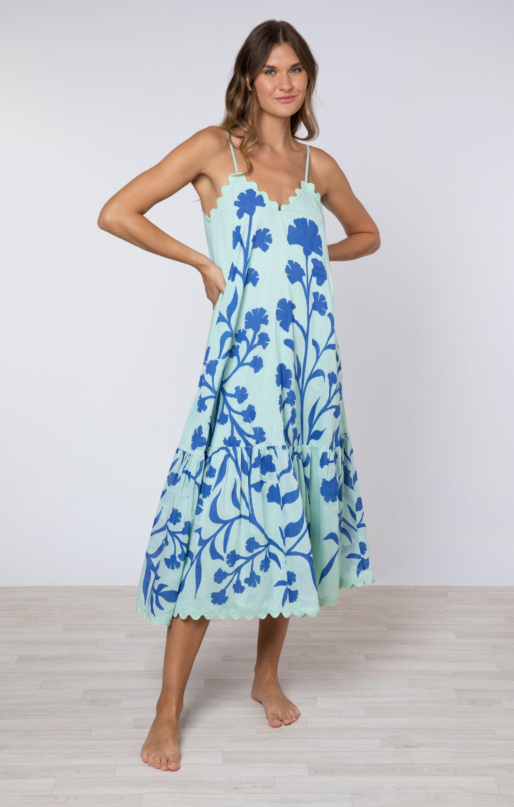 Juliet Dunn Majorelle Print V-Neck Midi Dress in Aqua/Blue