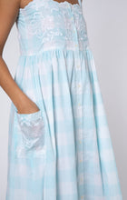 Load image into Gallery viewer, Juliet Dunn Gingham Tie Shoulder Dress in Pale Blue with Butterfly Embroidery
