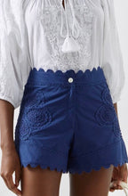 Load image into Gallery viewer, Juliet Dunn Indigo Poplin High Waisted Shorts with Ric Rac Embroidery
