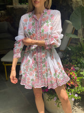 Load image into Gallery viewer, Juliet Dunn Long Sleeved Godet Dress in Candy Pink Rose Border Print
