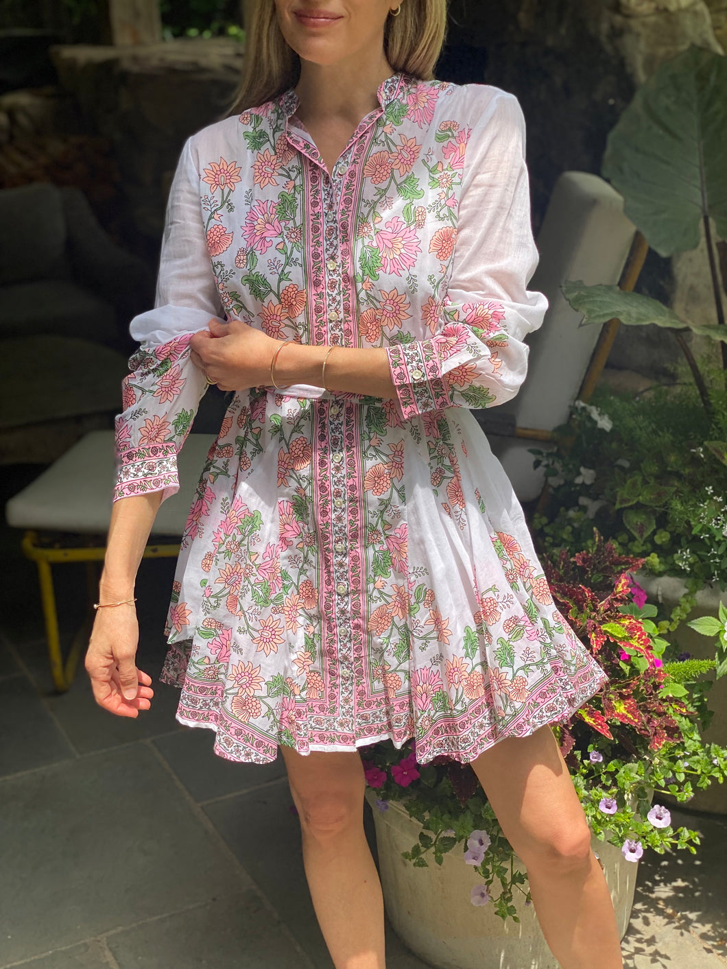 Juliet Dunn Long Sleeved Godet Dress in Candy Pink Rose Border Print