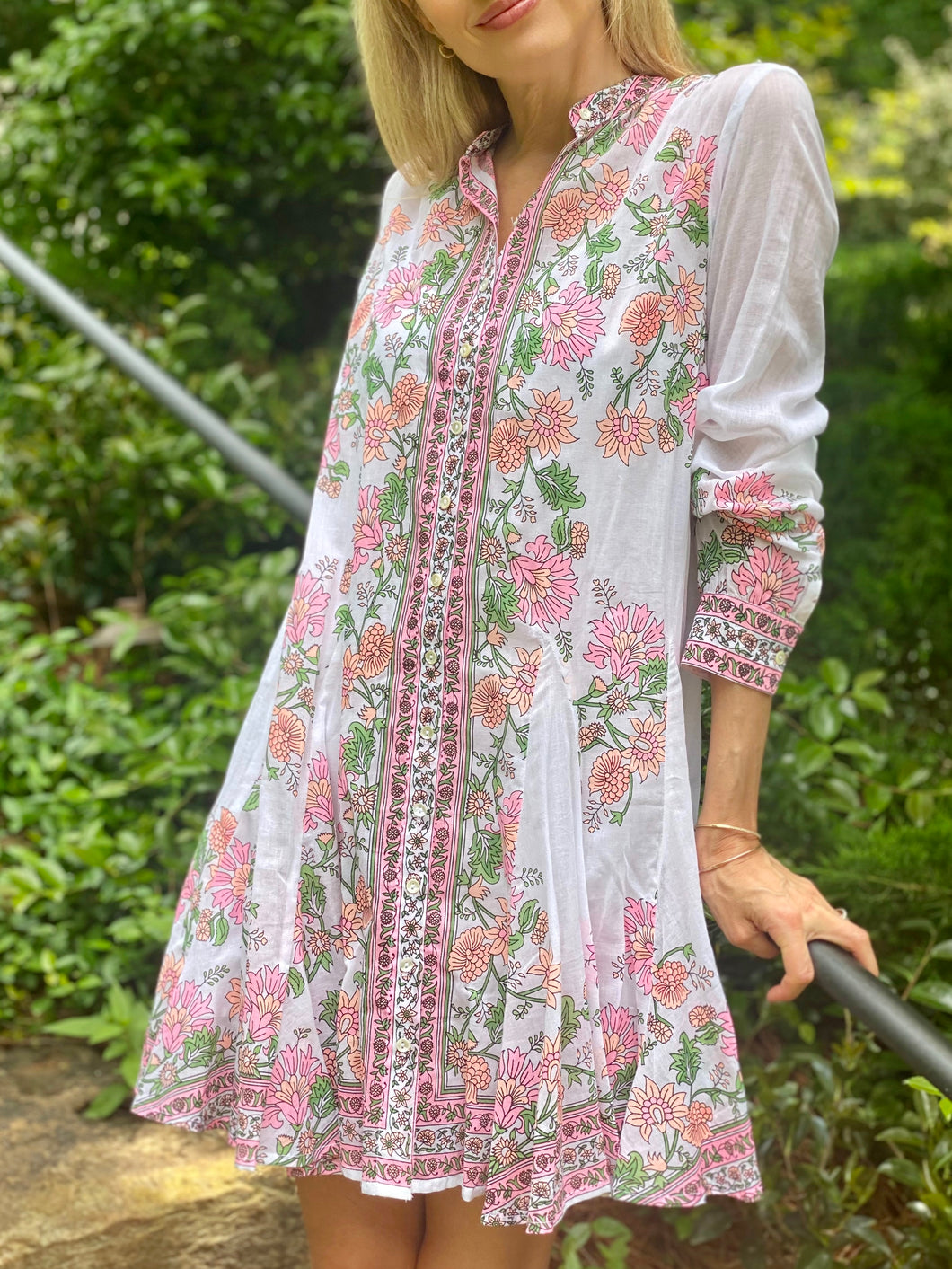 Juliet Dunn Long Sleeved Godet Dress in Candy Pink Rose Border Print