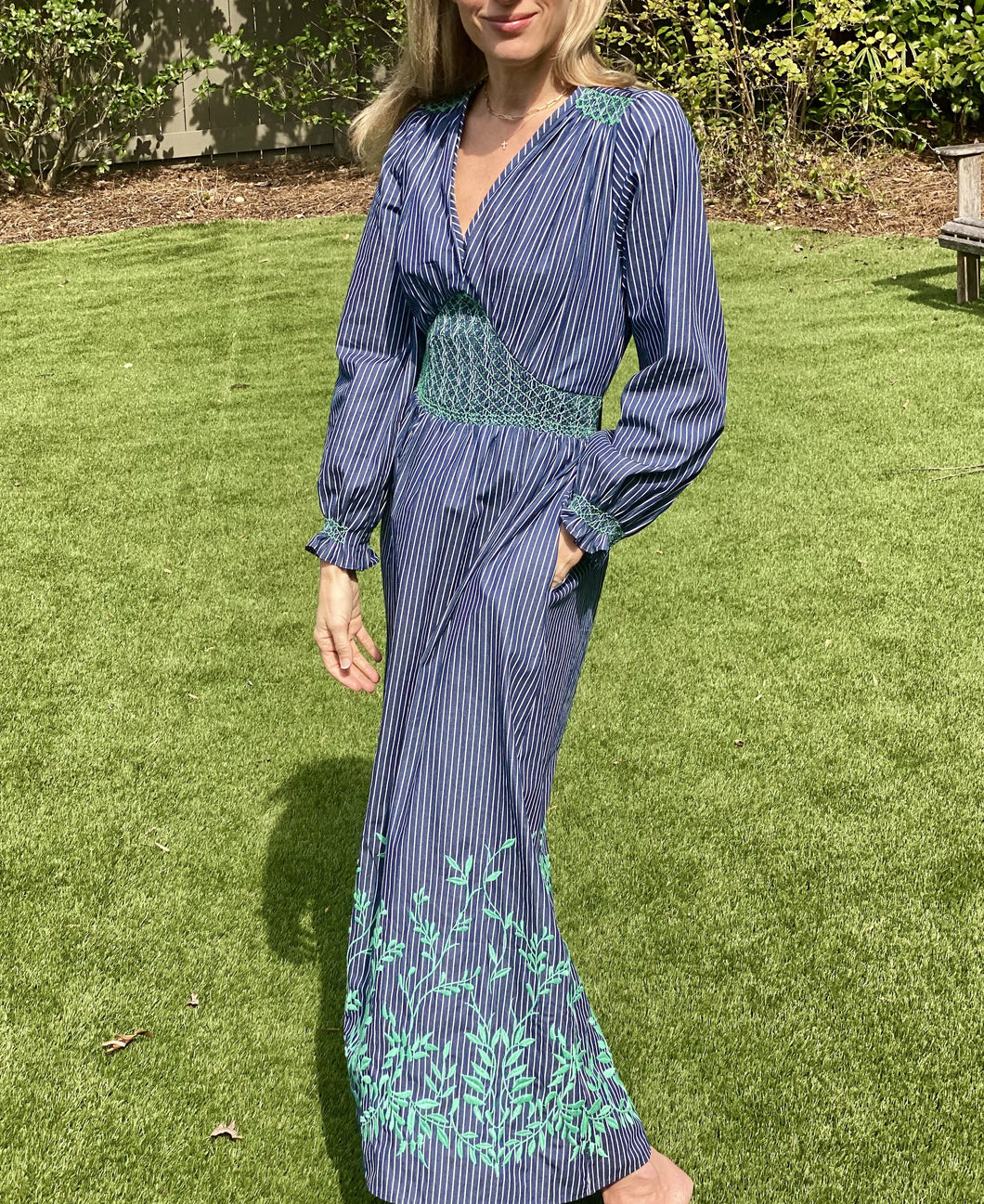 Loretta Caponi Anna Dress in Blue Pinstripe 