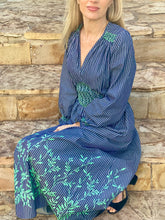 Load image into Gallery viewer, Loretta Caponi Anna Dress in Blue Pinstripe &quot;Denim&quot; with Mint Embroidered Leaves
