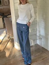 Load image into Gallery viewer, Loretta Caponi Alicia High Waisted Trousers in Blue Pinstriped &quot;Denim&quot; with Blue Embroidery
