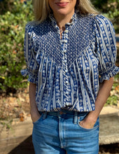Load image into Gallery viewer, Loretta Caponi Milvia Blouse in Navy and White Fragaria (Strawberry) Print
