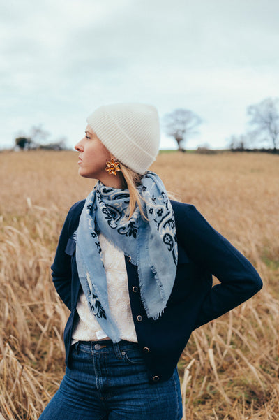 Maison Lecomte Flament Wool and Cashmere Bandana Scarf in Riviera Blue