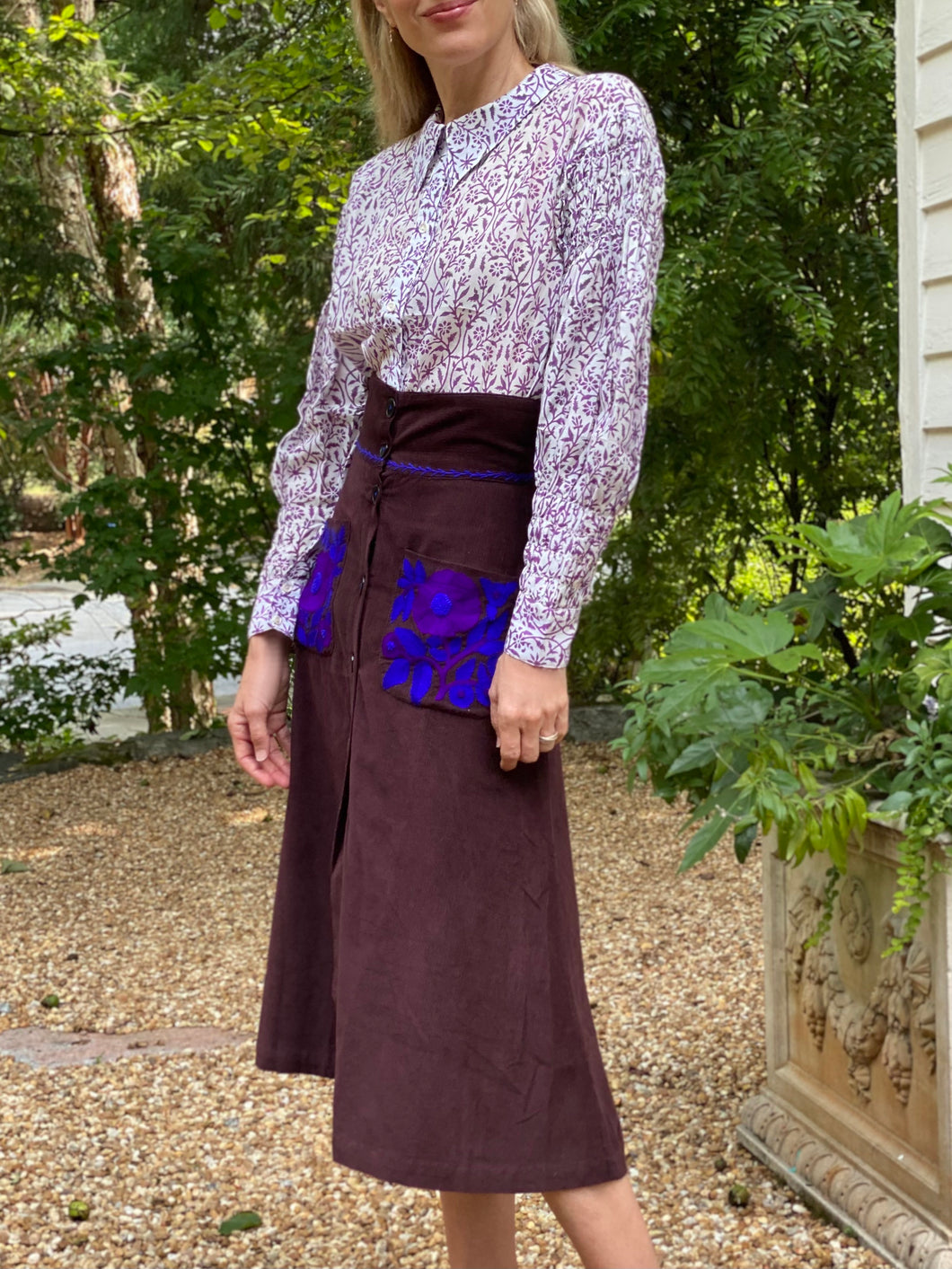 Thierry Colson Corduroy Yardley Skirt in Chocolate/Cobalt/Purple