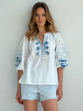 Load image into Gallery viewer, Cherry Top in White with Denim Colored Applique
