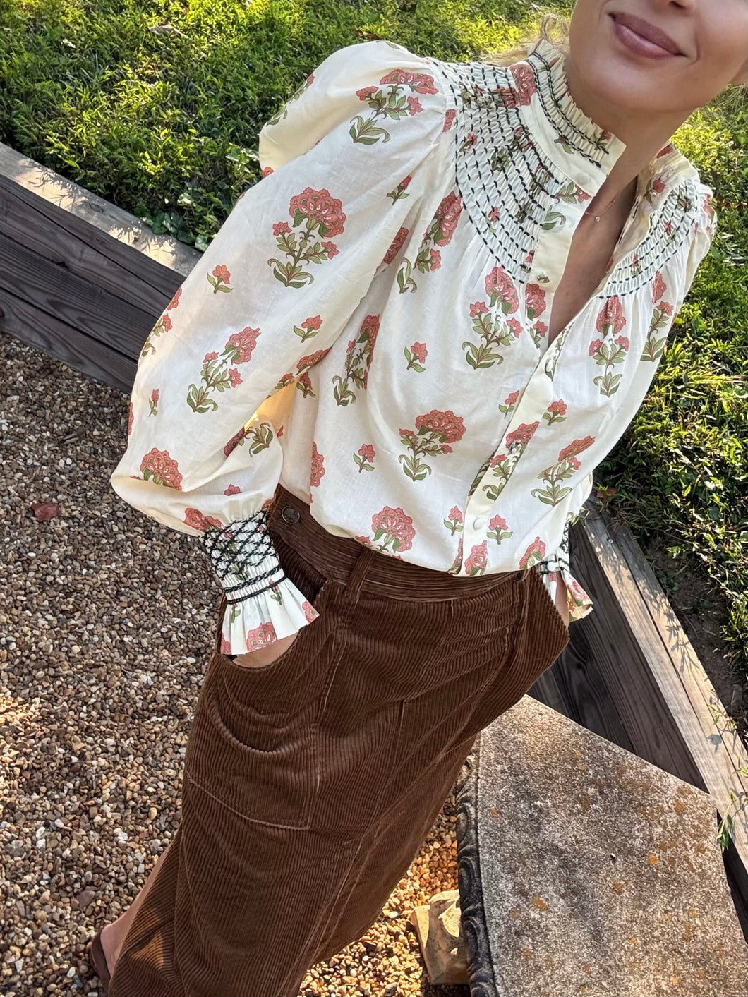 Andion Amelia Blouse in Block Print Floral with Hand Embroidery