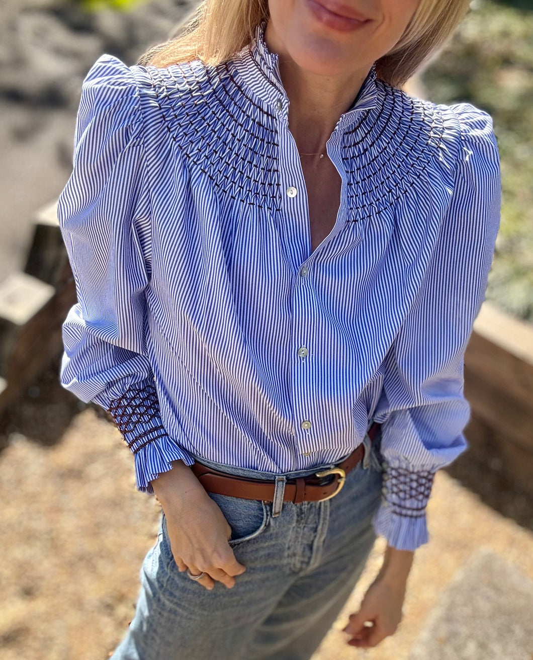 Andion Amelia Blouse in Blue & White Stripe with Chocolate Hand Embroidery