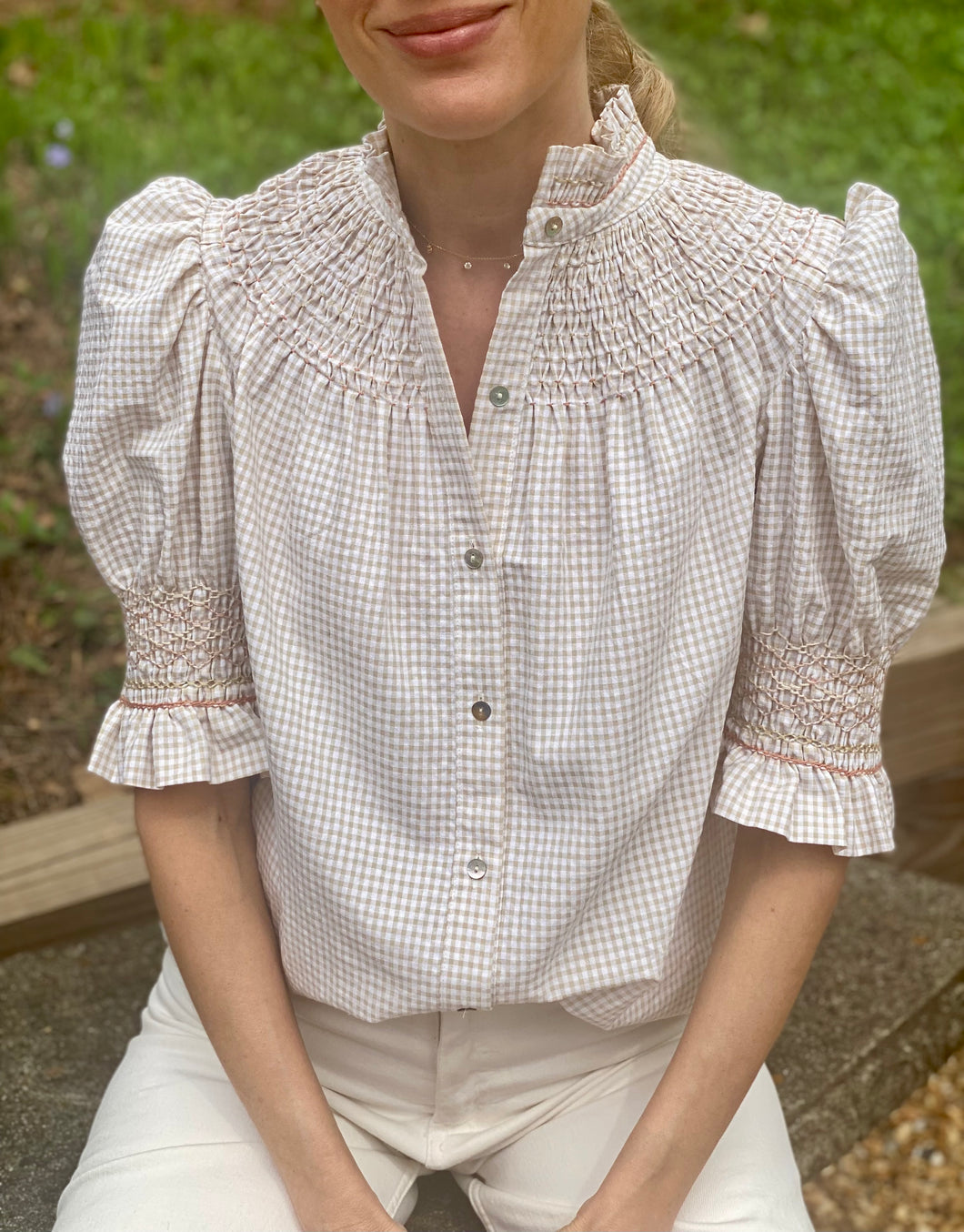 Andion Amelia Short Sleeve Blouse in Biscuit Gingham with Natural/Blush Embroidery