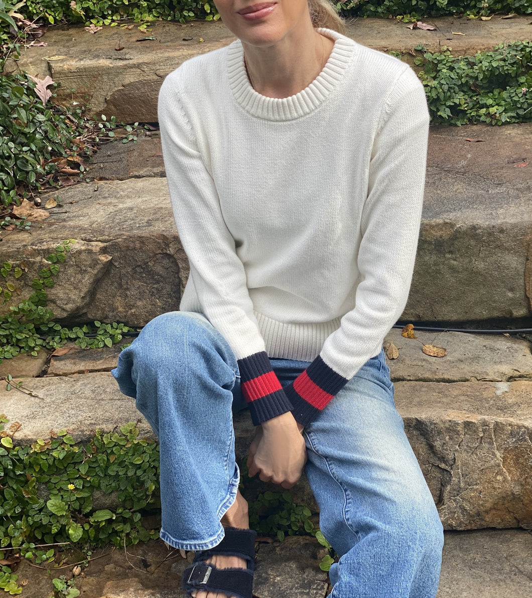 The Castine Cotton Sweater in Ivory Tipped