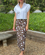 Load image into Gallery viewer, Coco Shop Pencil Skirt in Chocolate Brown Hibiscus-Woven Cotton
