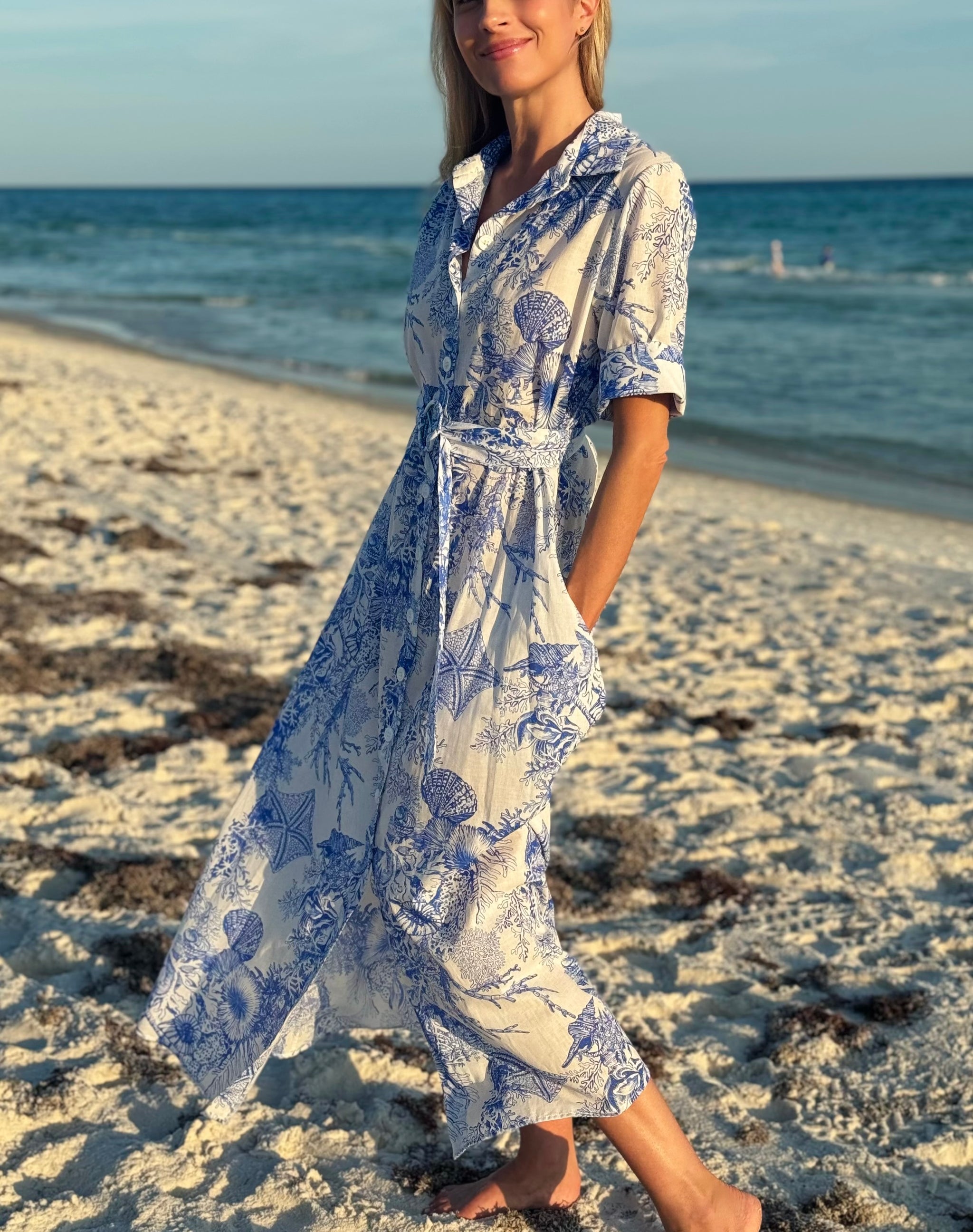 Evi Grintela Valerie Shirt Dress in Blue and White Sea Shell Print –  Shopcestmimi