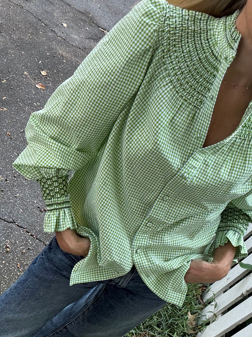 Andion Amelia Blouse in Green Gingham with Hand Embroidery