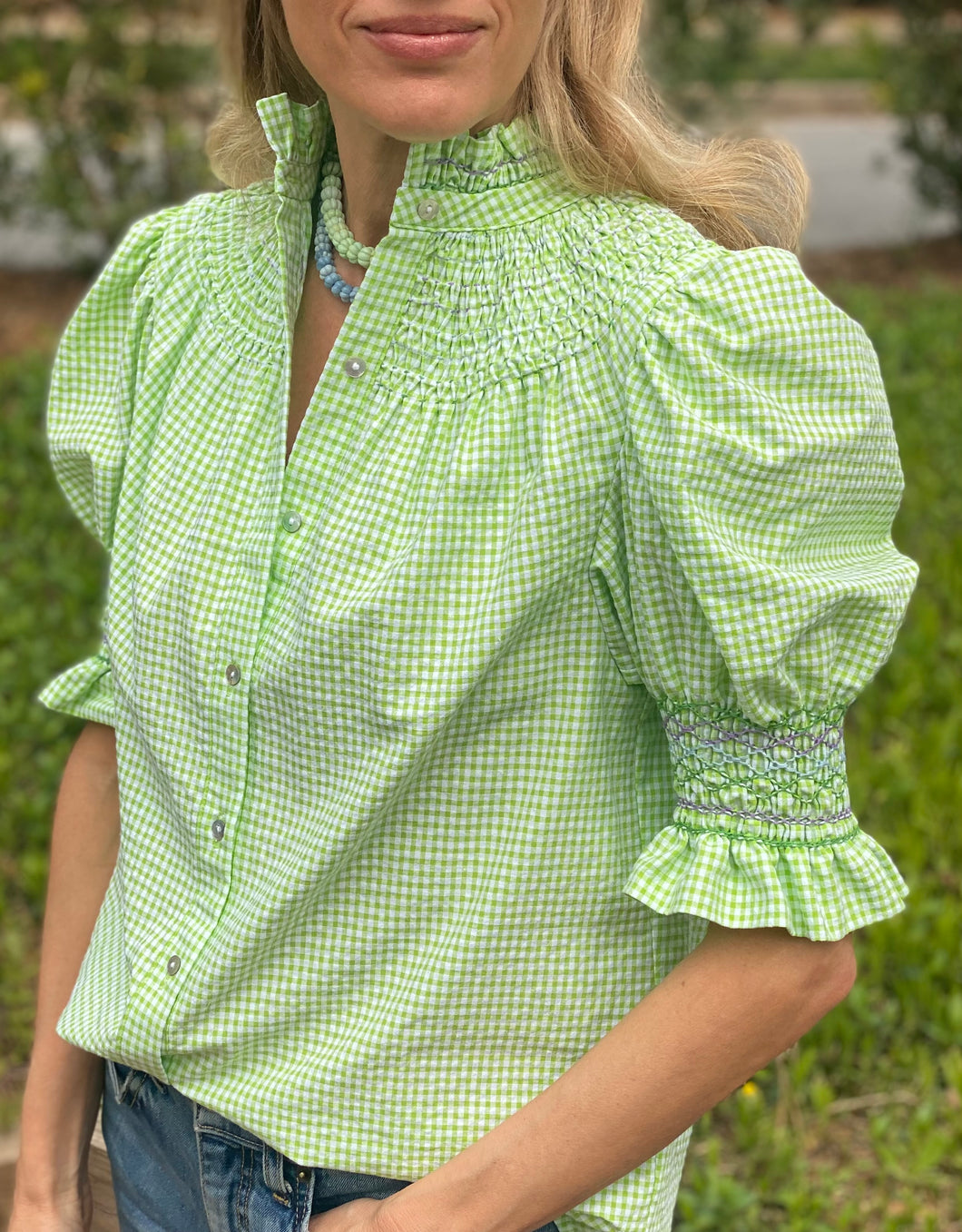 Andion Amelia Short Sleeve Blouse in Pistachio Gingham with Tri-Color Embroidery