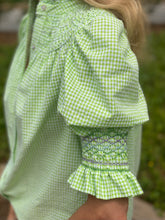 Load image into Gallery viewer, Andion Amelia Short Sleeve Blouse in Pistachio Gingham with Tri-Color Embroidery
