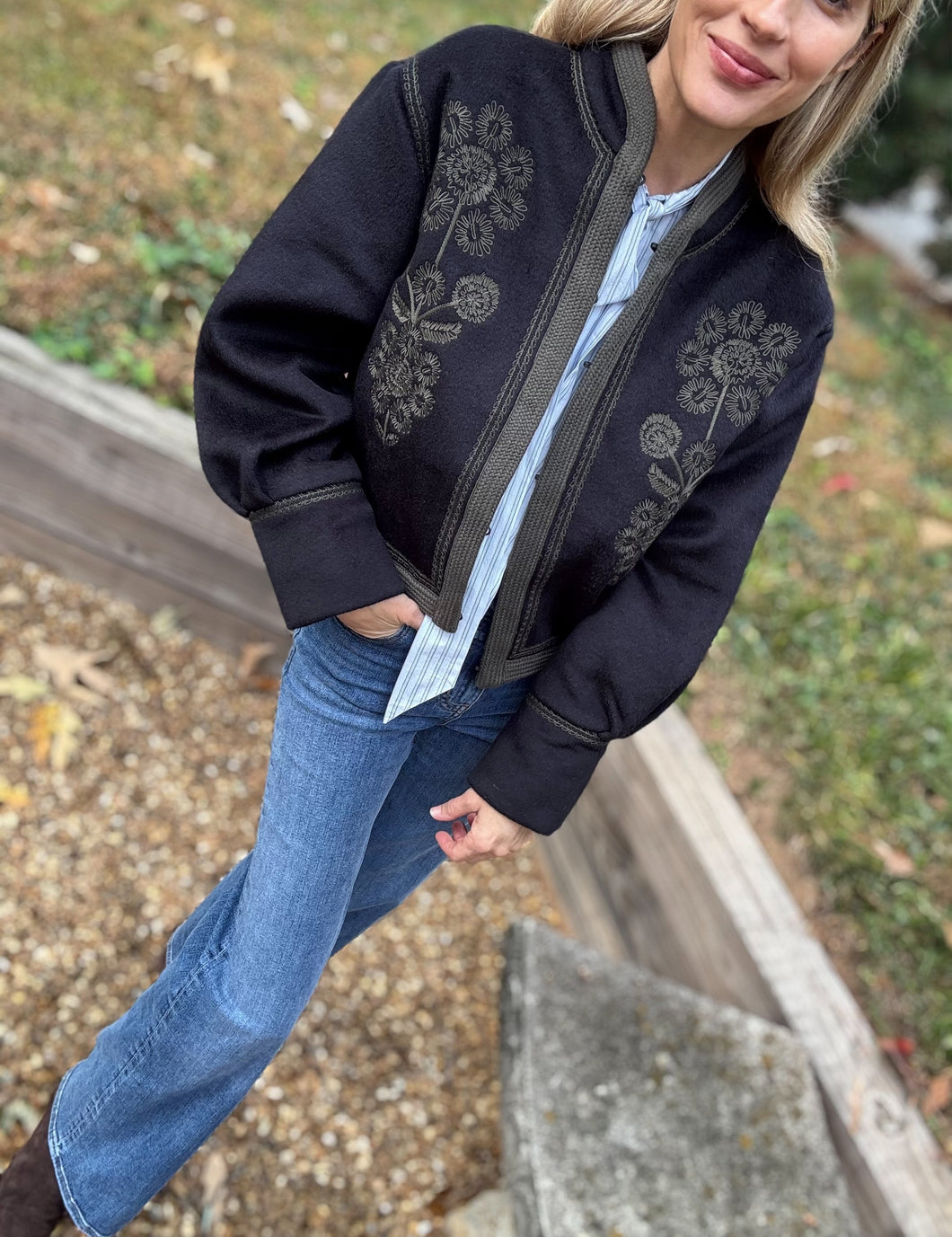 Antik Batik Will Jacket in Navy with Handcrafted Embroidery