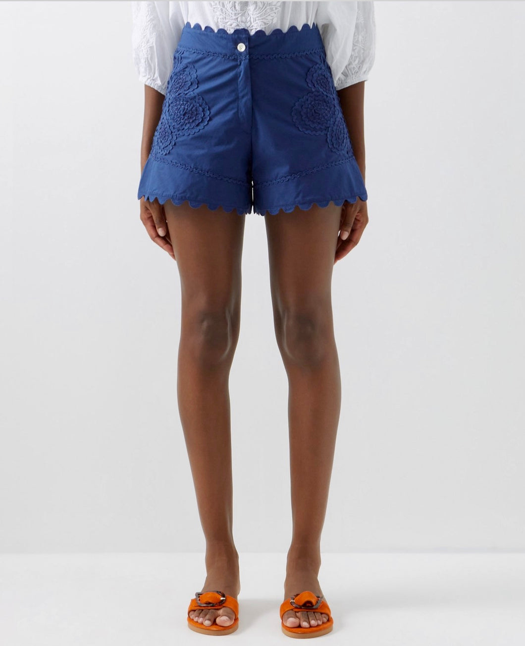 Juliet Dunn Indigo Poplin High Waisted Shorts with Ric Rac Embroidery