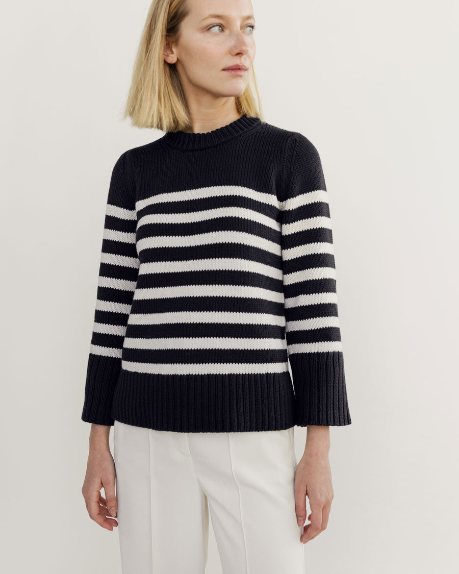 The Kittery Cotton Sweater in Navy and Ivory Stripe