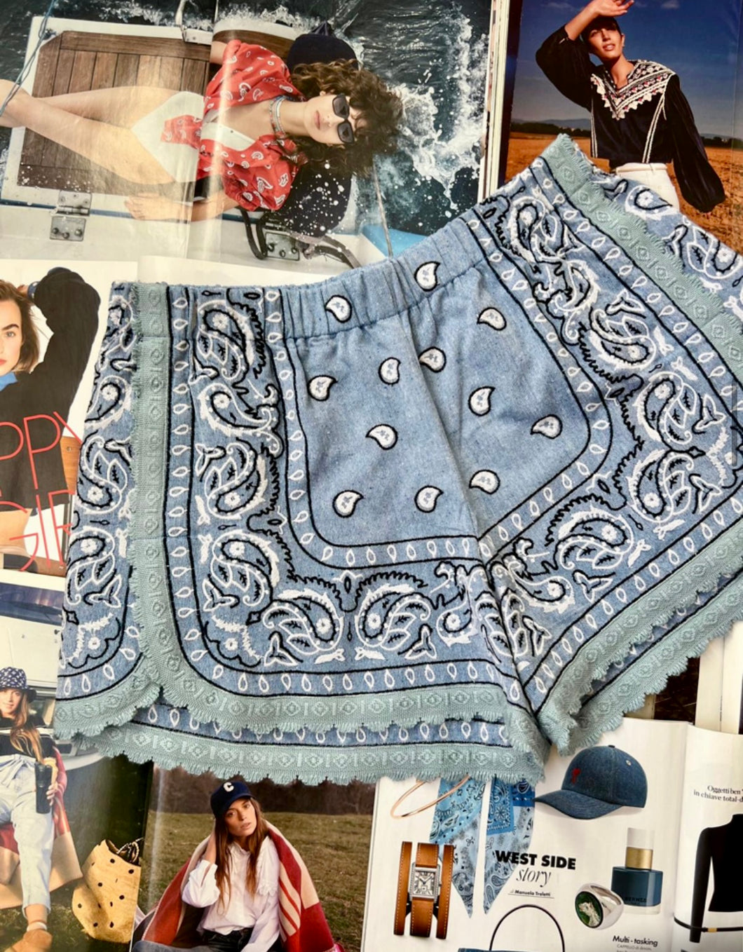 Embroidered Bandana Shorts Light Blue