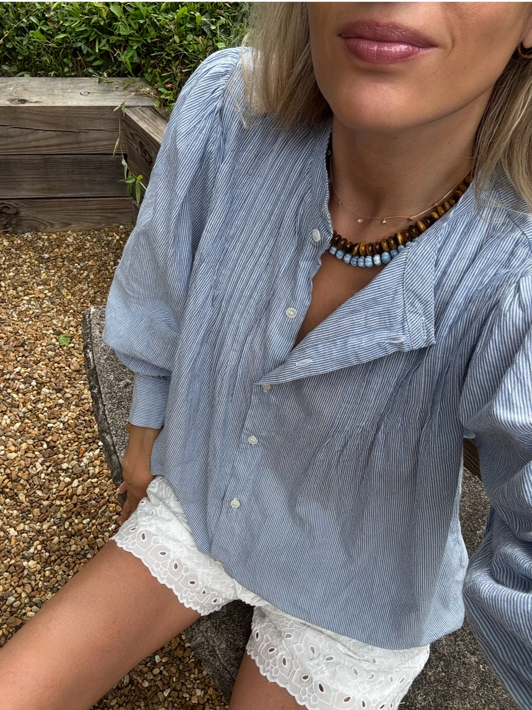 Masscob Lek Top in Blue and White Micro Stripe