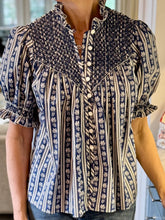 Load image into Gallery viewer, Loretta Caponi Milvia Blouse in Navy and White Fragaria (Strawberry) Print
