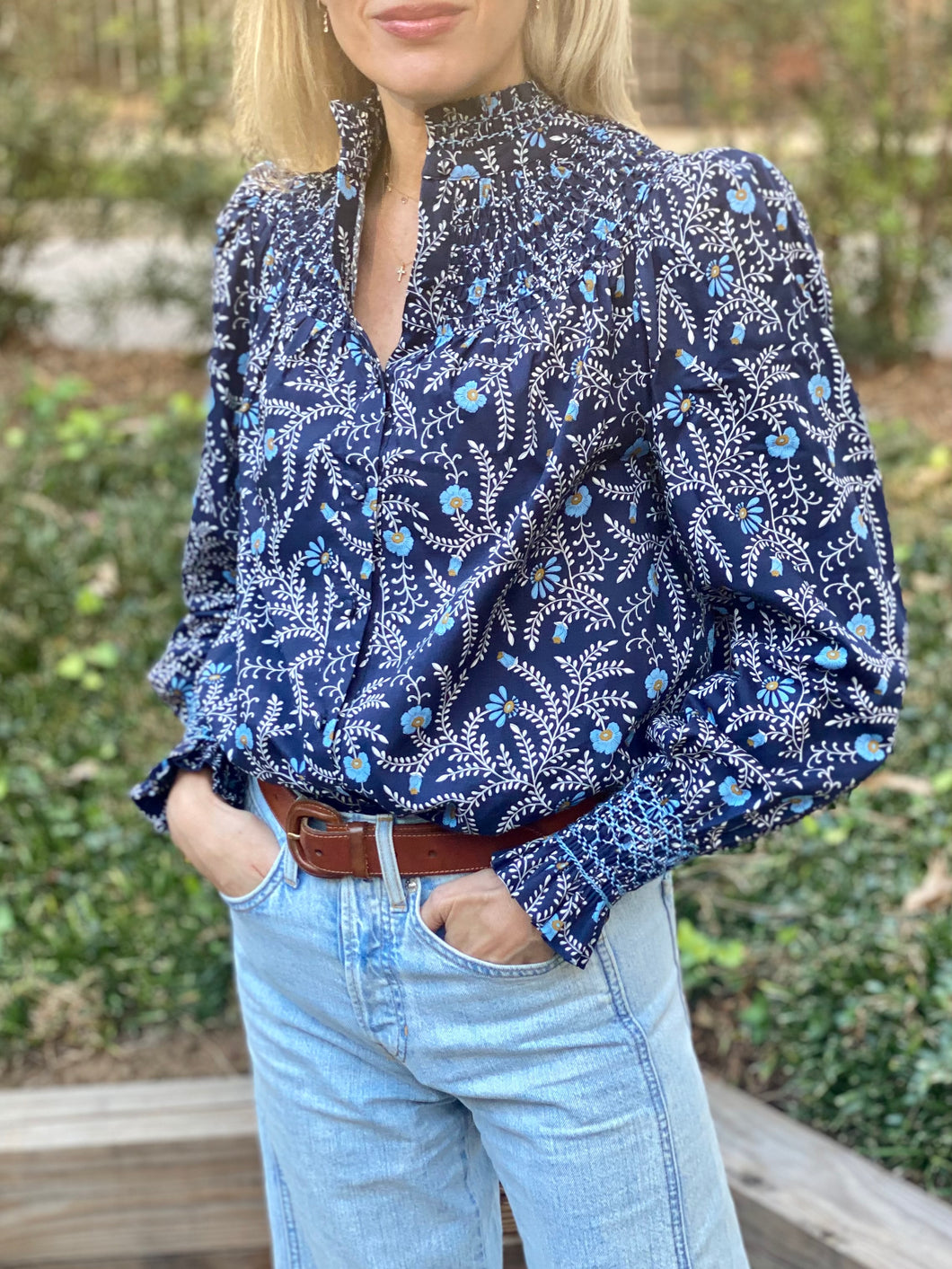 Andion Amelia Long Sleeve Blouse in Navy Floral Japanese Cotton