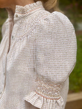 Load image into Gallery viewer, Andion Amelia Short Sleeve Blouse in Biscuit Gingham with Natural/Blush Embroidery

